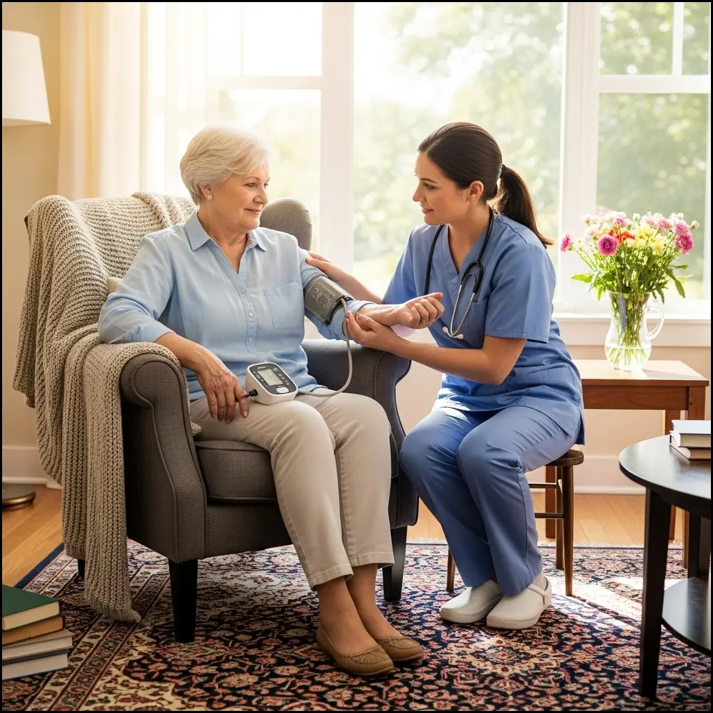 Senior man smiling while wearing a blood pressure cuff and using a tablet to view health data