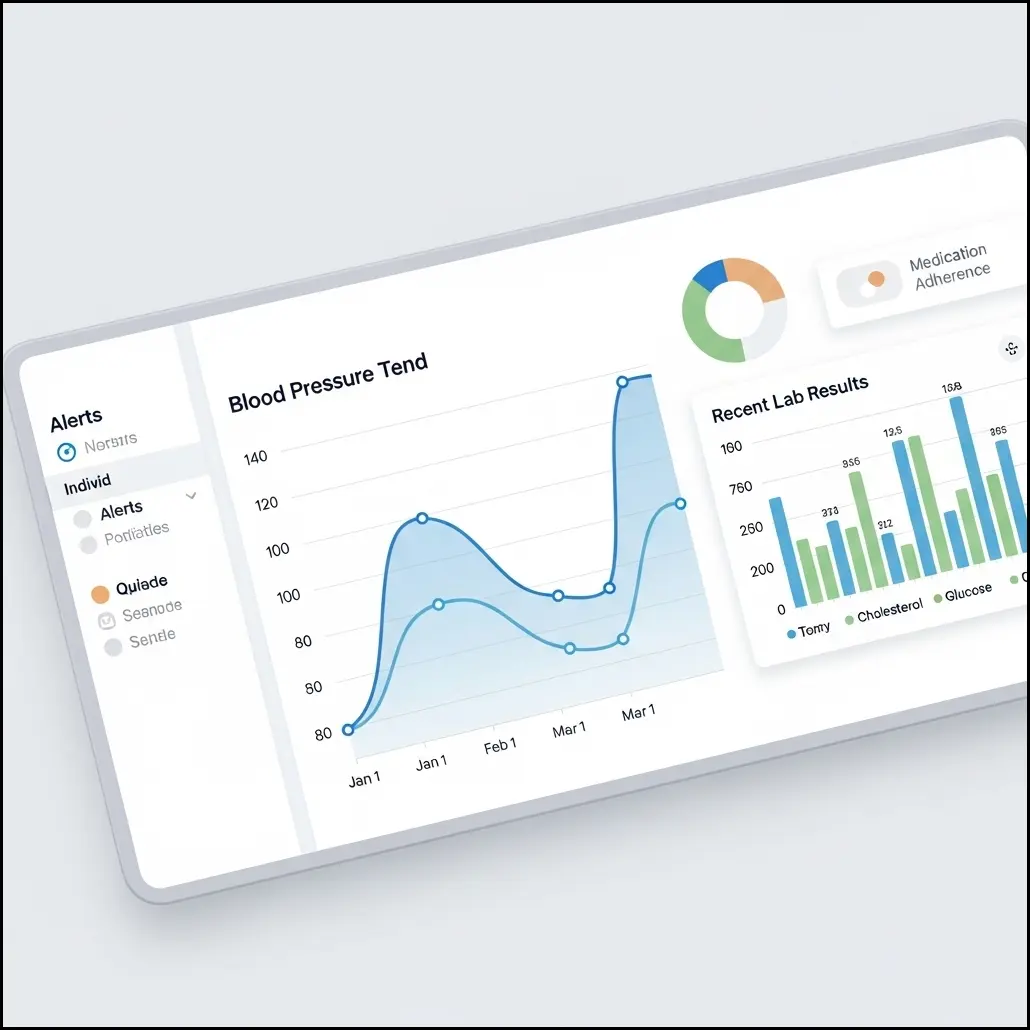 Close-up digital illustration of a secure online health portal interface with charts and alerts