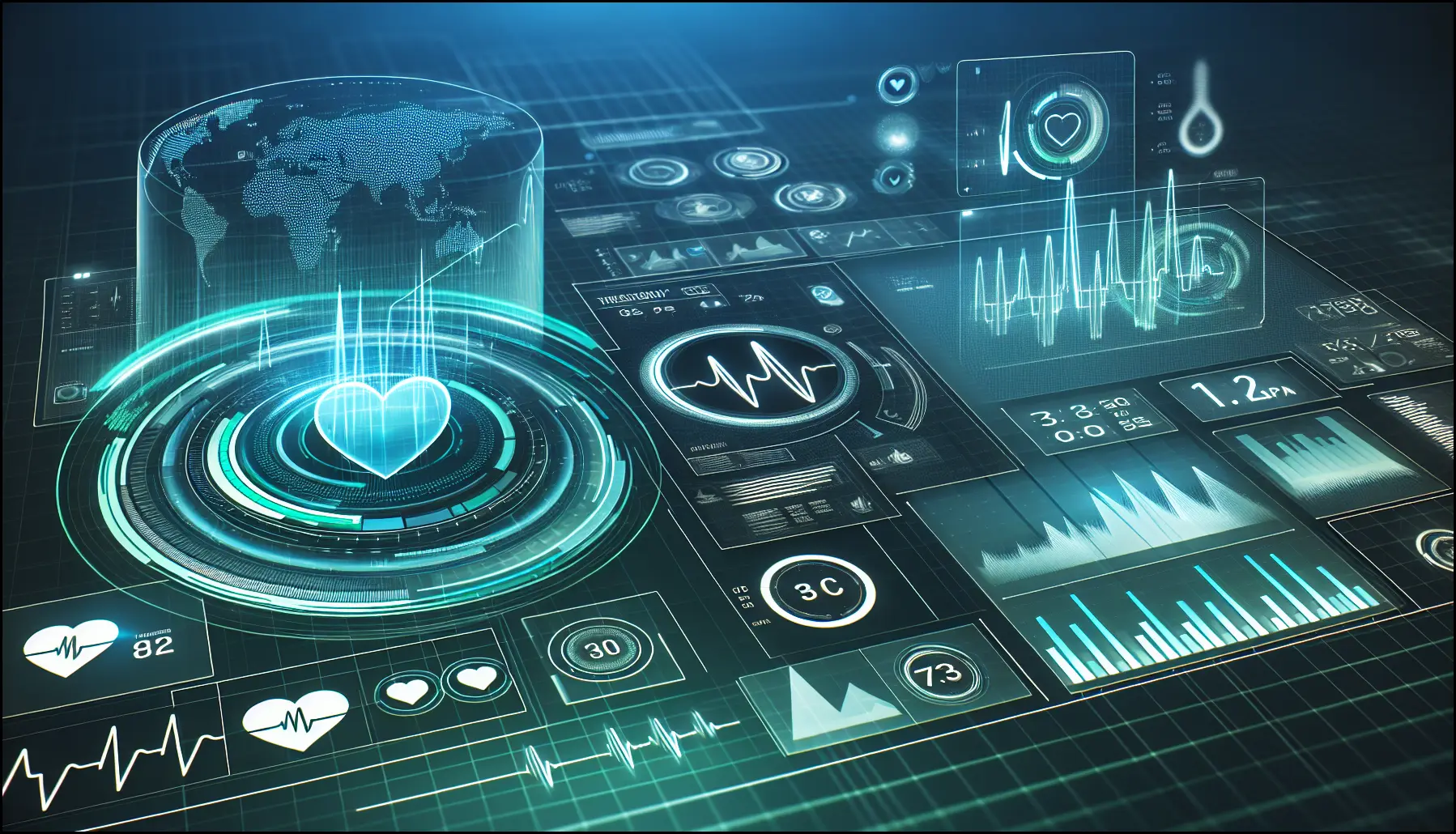 Abstract digital concept of remote patient monitoring technology with heart rate icons and data graphs