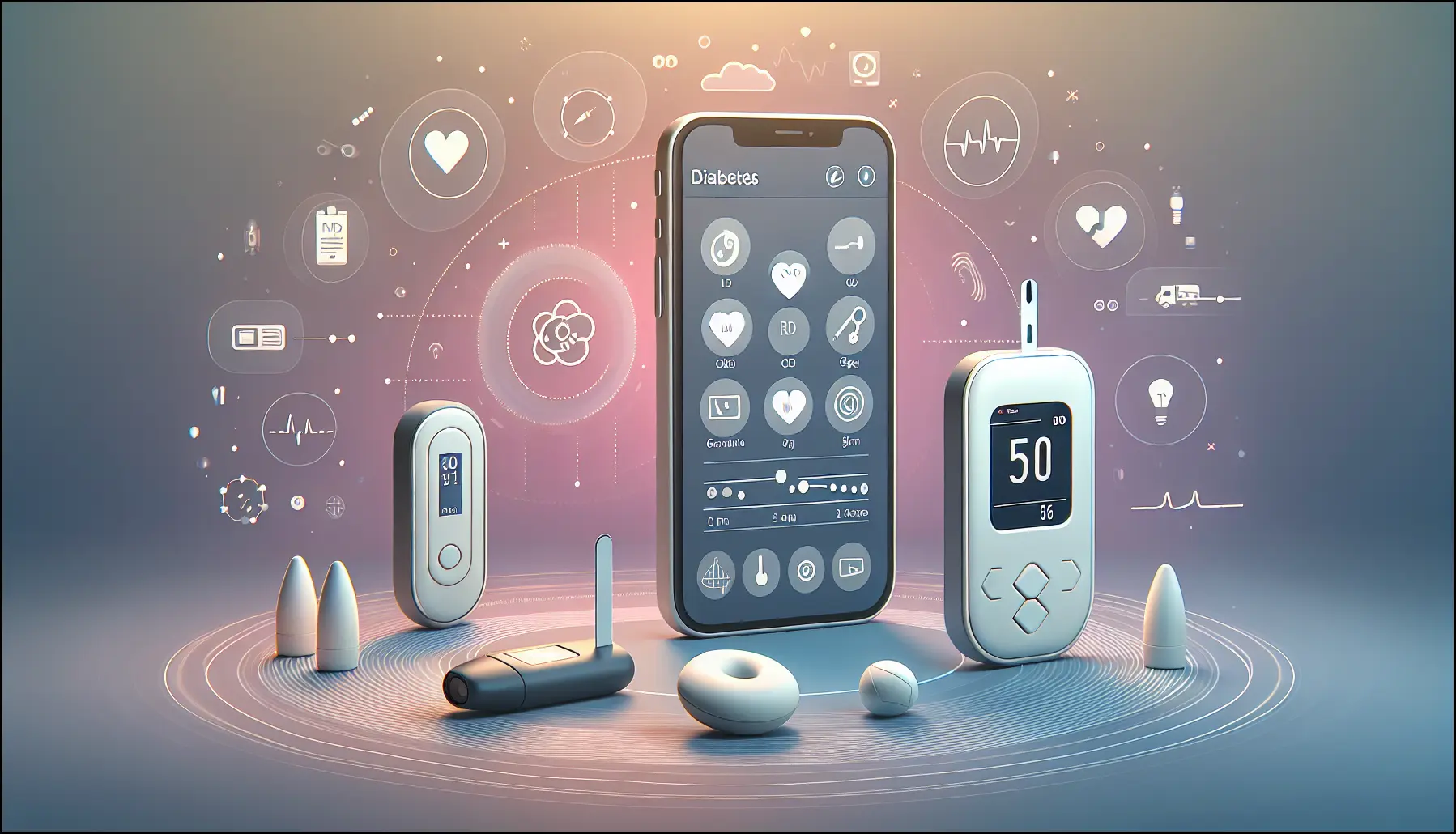 Overview of diabetes home monitoring tools: glucose monitor, CGM, smartphone with data, RPM dashboard.