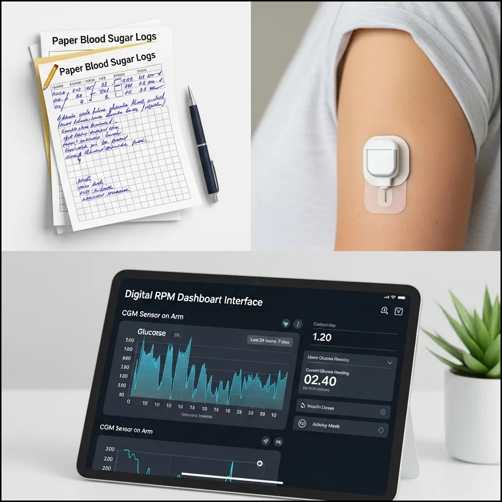 Illustration of diabetes monitoring options: paper logs, CGM sensor, digital RPM dashboard.