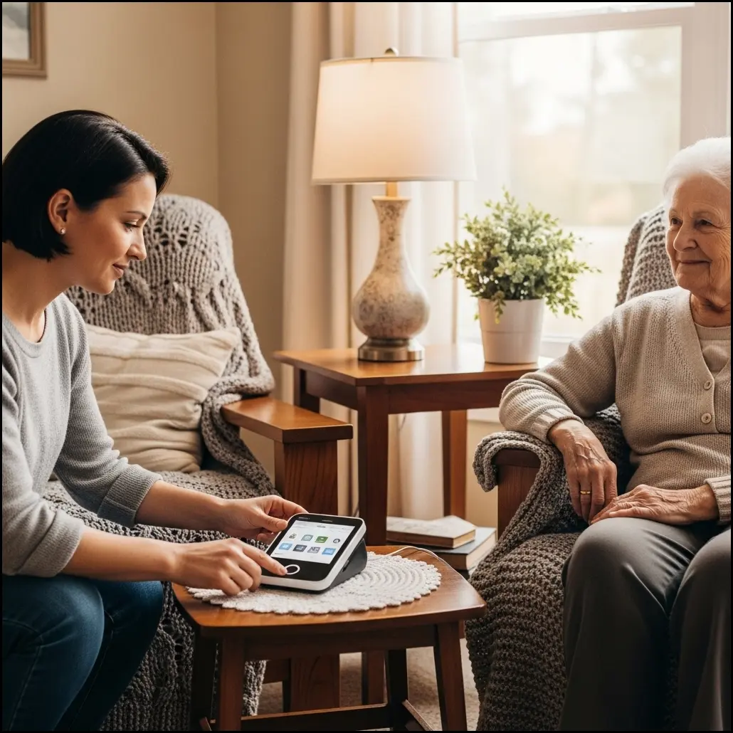 Smiling senior couple reviewing tablet health data with a family member in a bright living room