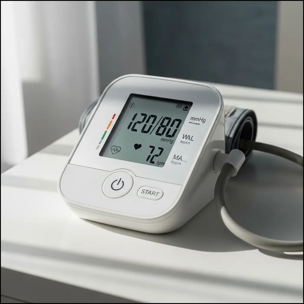 Close-up illustration of an accurate home blood pressure monitor on bedside table with digital reading