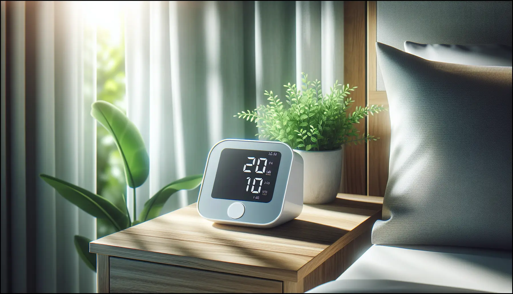 Digital blood pressure monitor on a wooden bedside table in sunlight with plants nearby