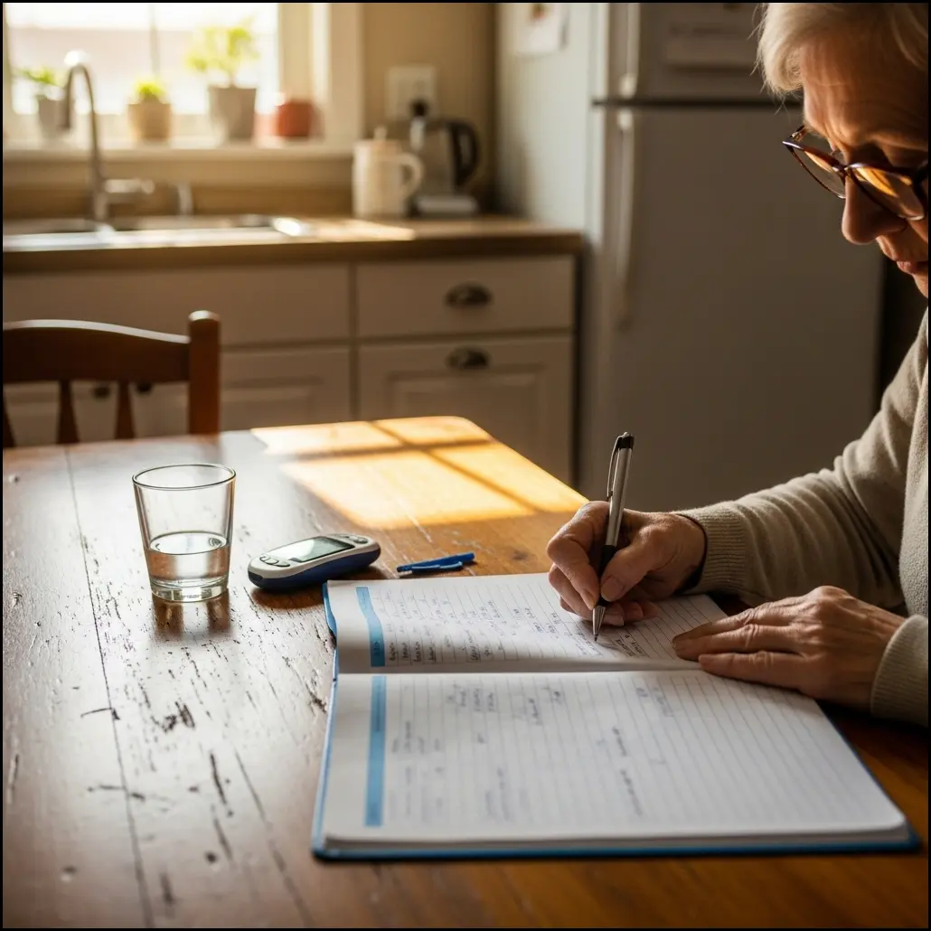 Senior man reviewing CGM glucose charts on smartphone in his home