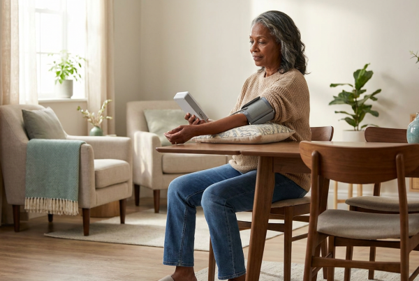 Older woman checking her blood pressure at home with her arm supported on a table.