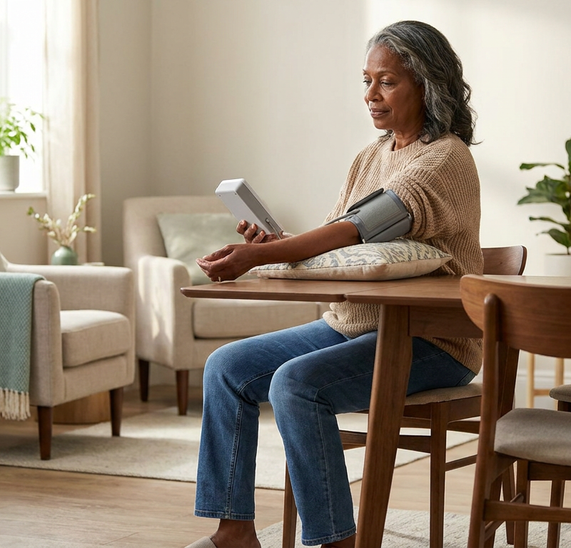Older woman checking her blood pressure at home with her arm supported on a table.