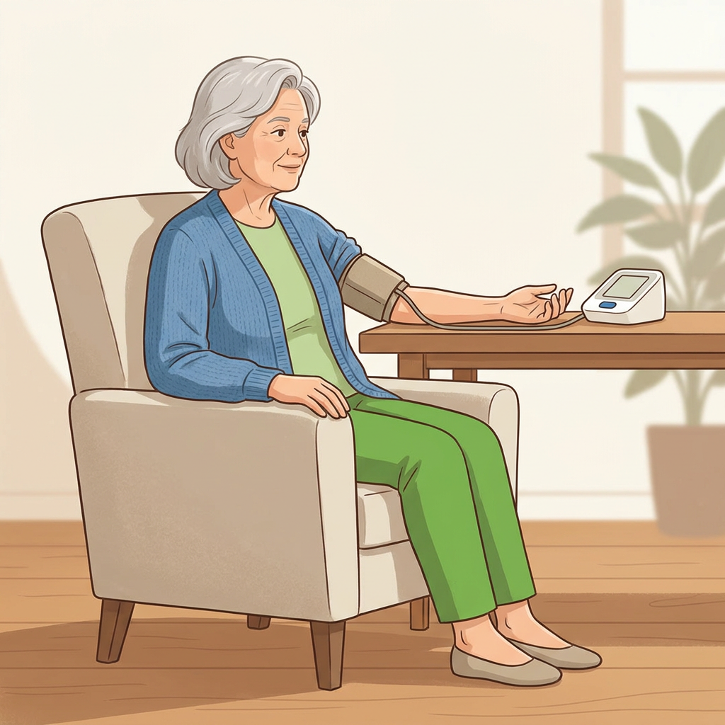Seated blood pressure check with back supported, feet flat, and arm at heart level.