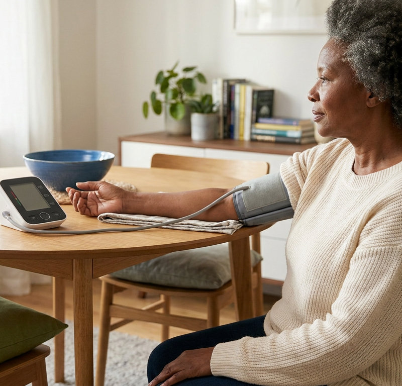 Older adult checking blood pressure at home with her arm supported on a table.