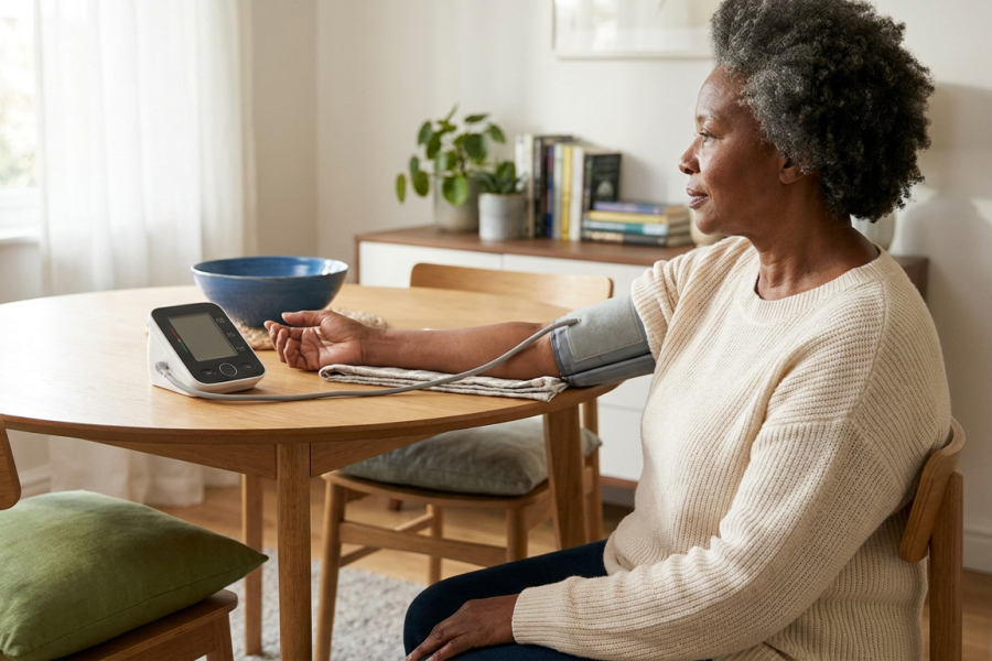 Older adult checking blood pressure at home with her arm supported on a table.