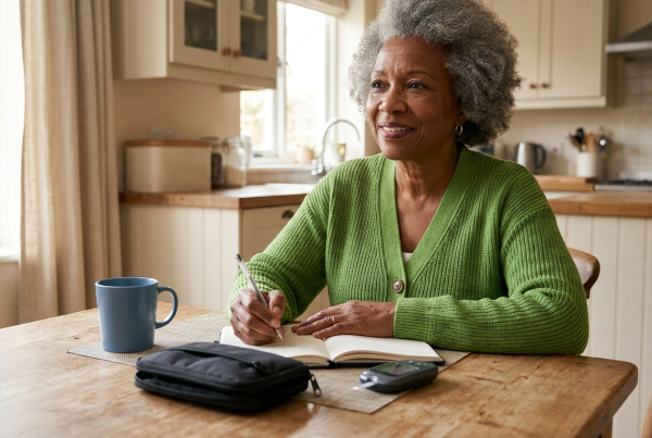 Older adult writing in a home glucose log with a meter nearby.