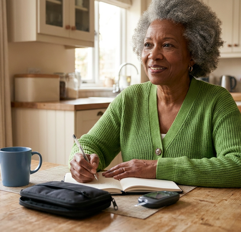 Older adult writing in a home glucose log with a meter nearby.