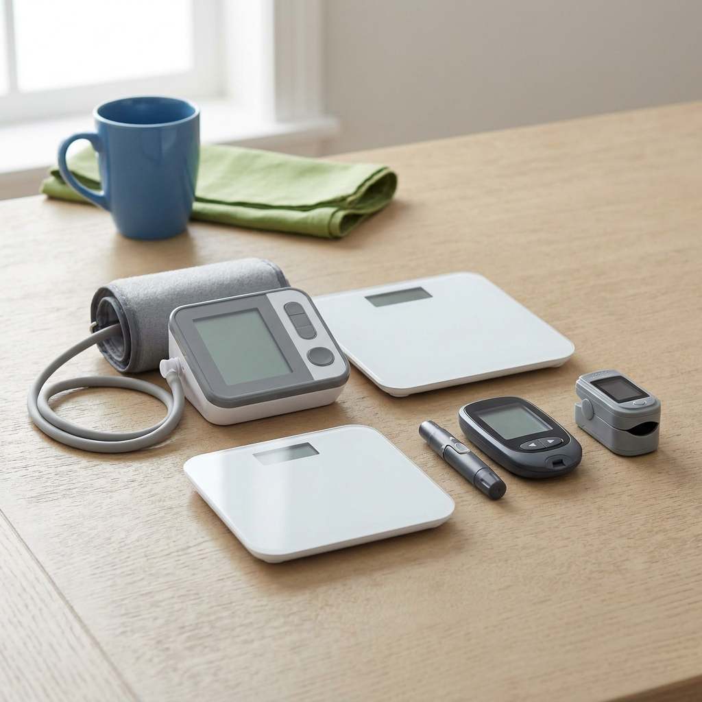Blood pressure cuff, scale, glucose meter, and fingertip oxygen monitor on a table.