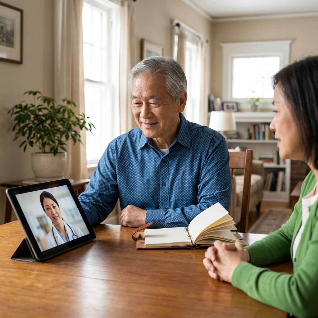 Older adult discussing his glucose log by video with a family member beside him.