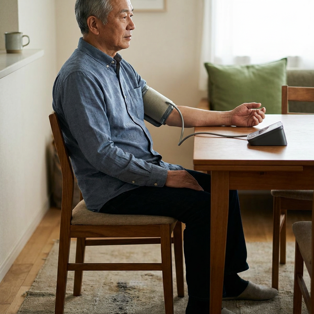 Older adult taking a seated blood pressure reading with his arm supported.