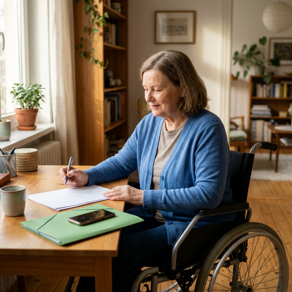 Older adult reviewing benefit paperwork at an accessible home desk.
