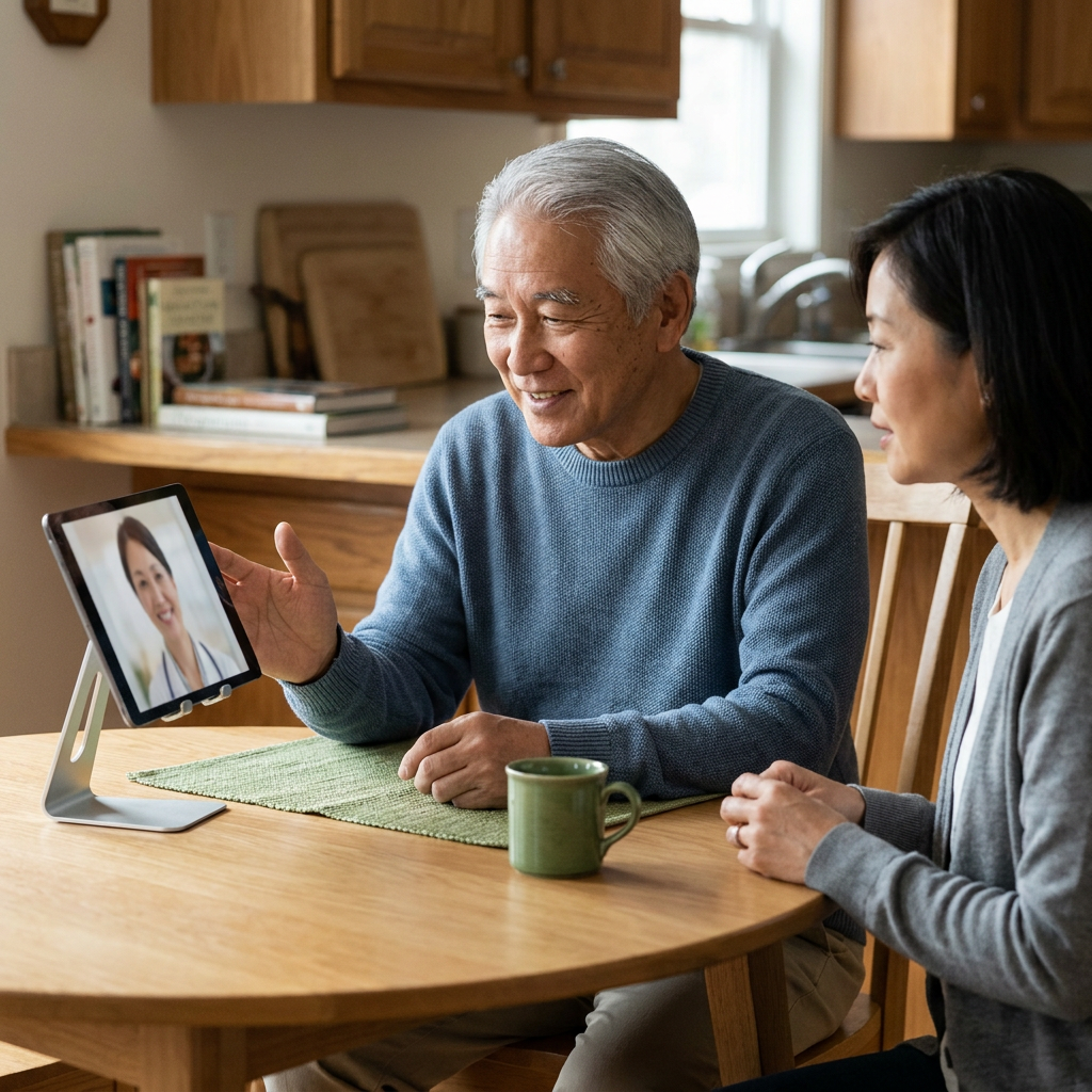 Older man speaking with a clinician by tablet while his daughter listens beside him.