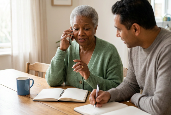 Older adult calling her health plan with a family member helping take notes.