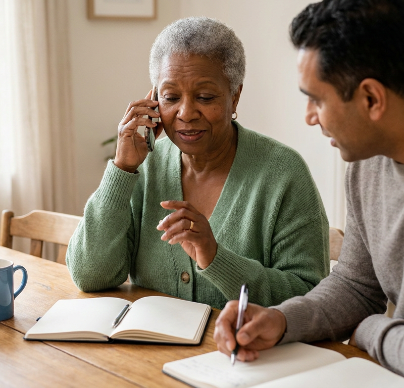 Older adult calling her health plan with a family member helping take notes.