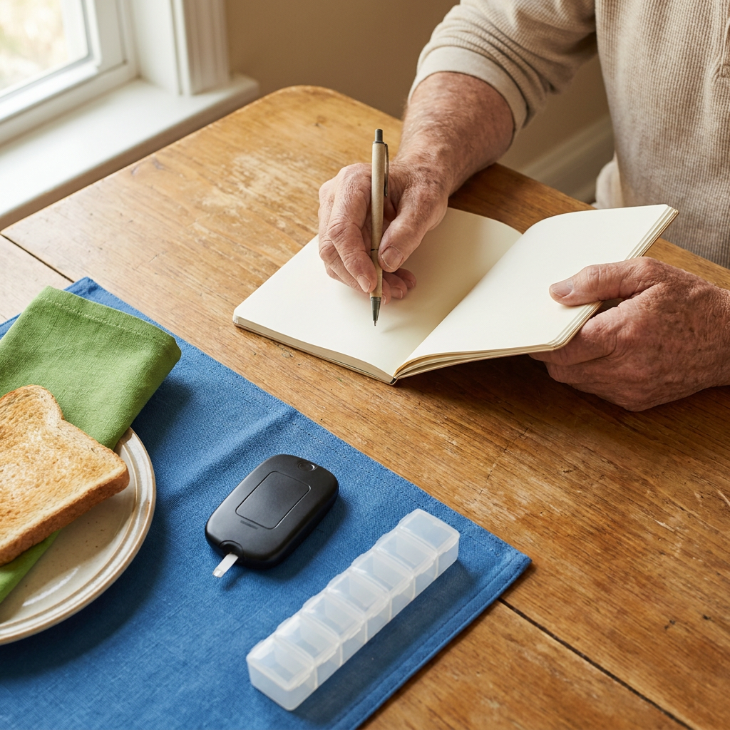 Notebook and glucose meter beside breakfast and a closed medicine organizer.