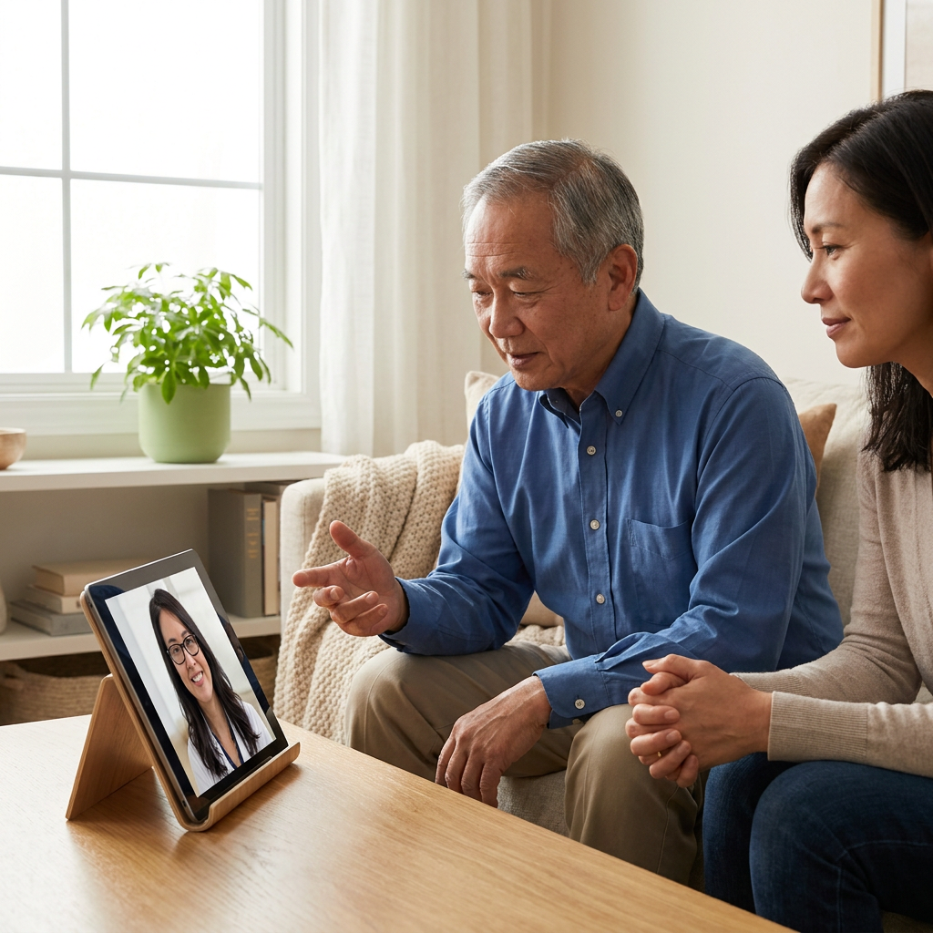Older adult speaking with a clinician by video while a family member listens beside him.